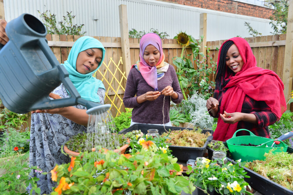 RHS Outreach project working with the charity Young Saheliya in Glasgow to green the previously ‘grey’ courtyard at their centre, working with women and girls referred to the service. The garden-based project aims to build skills, encourage socialising, English language conversation and self-esteem amongst the clients, who are from a range of black or minority ethnic backgrounds and/or at risk of exclusion.