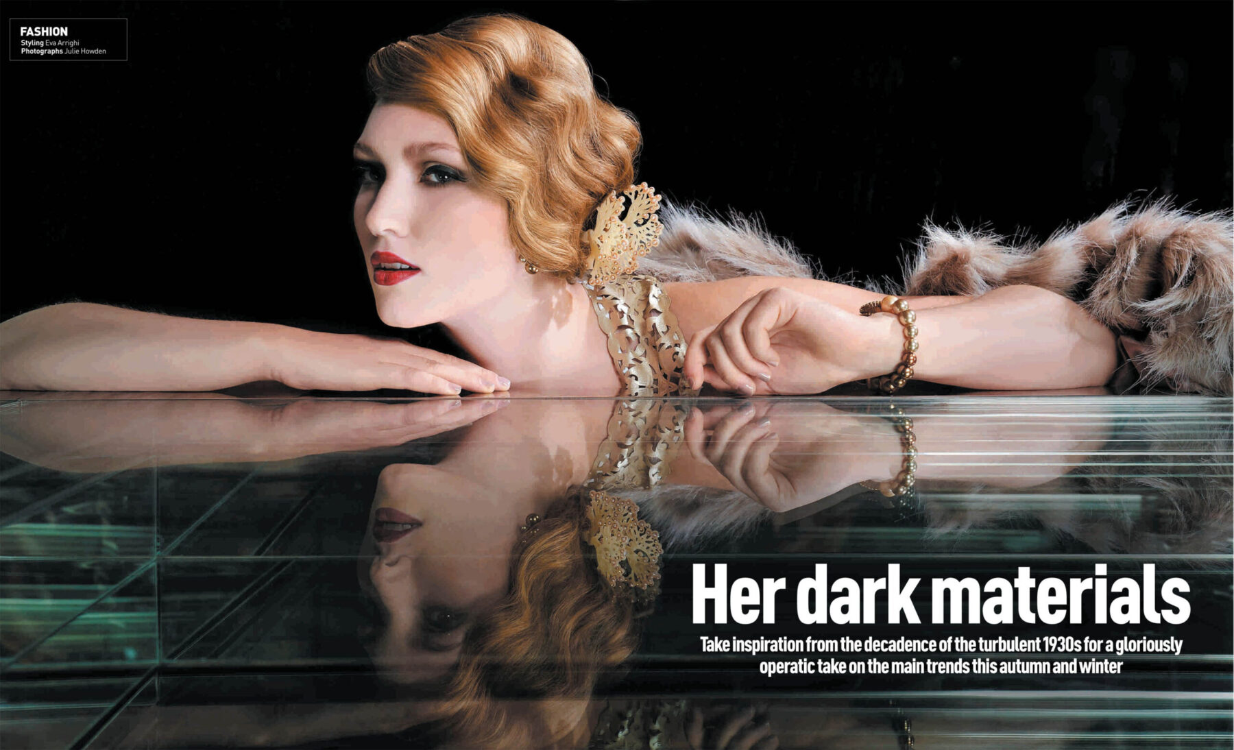 Fashion spread from Herald Magazine inspired by 1930s styles. Features blonde model with waved hair, fur and jewellery.